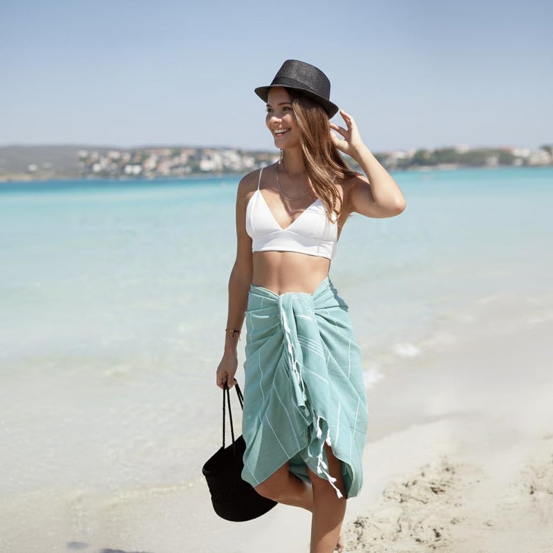 WETCAT Turkish Beach Towel Oversized (38""x71"") 100% Turkish Cotton  Made in Turkey - Sand Free  Extra Large  Ultra Soft  Quick Drying  Compact & Lightweight for Travel - Teal - Image 2